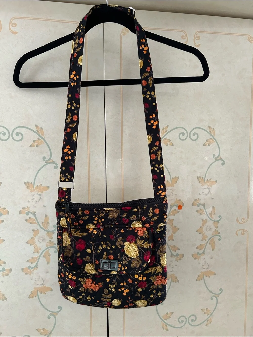 Black Quilted Crossbody with Gold, Red & Orange Floral Embroidery